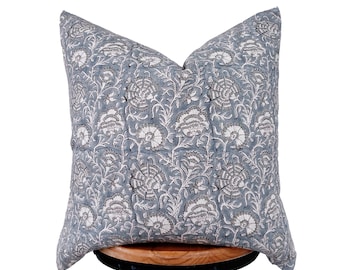 Floral Block Print Linen Pillow Cover - Gray & blue Design