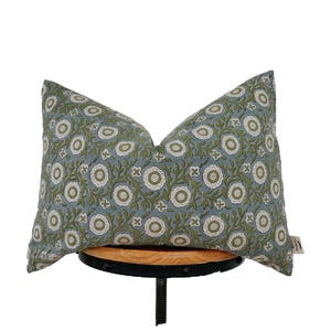 NEW) Hand block print linen pillow cover . gray blue and green color floral pillow cover, lumbar pillow cover