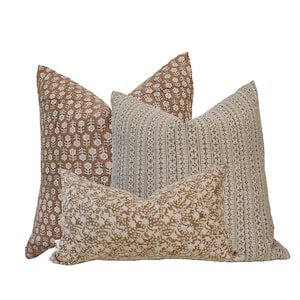 block print linen pillow combos, camel color/ light brown floral natural linen pillows