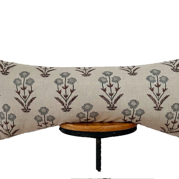 Fodera per cuscino stampata a mano con blocchi di legno, fodera per cuscino lombare con motivo floreale blu/marrone/verde. 12x20” 14x20” 14x30” 14x34” (adatta per imbottitura 14x36”)