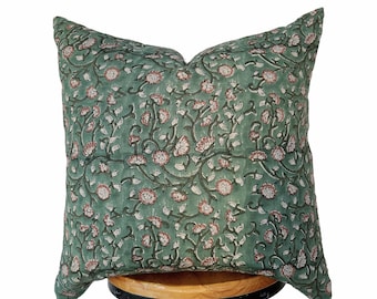block print linen pillows, antique green/ camel color floral pillow cover