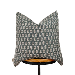 Hand block print pillow cover, antique blue and natural floral pillow cover ,Natural linen floral pillow cover.