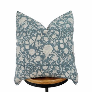 Block print linen pillow cover, antique blue and natural linen floral pillow cover, both sides same