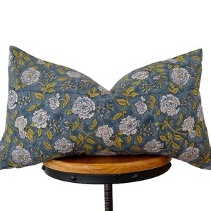 Hand block print pillow cover, gray blue/ olive green and natural floral lumbar pillow cover, 12x20”14x20”14x30”14x34”