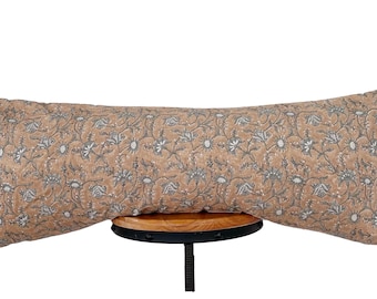 NEW / Block Print Linen Lumbar Pillow Cover:  camel color and gray Floral design