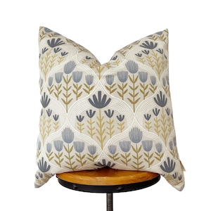 Floral Pillow Cover: Beige, Blue-Gray & Olive Designer Fabric