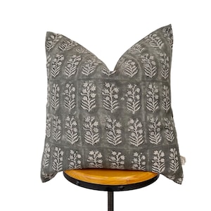 Block print linen pillow, gray and natural linen floral pillow cover