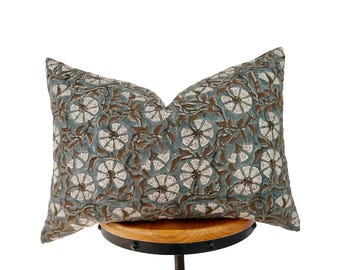 block print linen lumbar pillow cover. blue and brown color floral pillow cover,