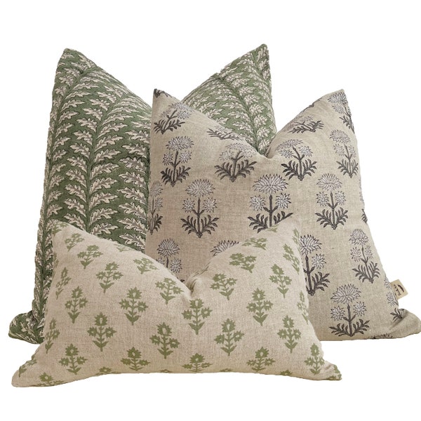Block print linen pillow combos, green/ gray/white floral natural linen pillow cover, 22x22”20x20”12x20”