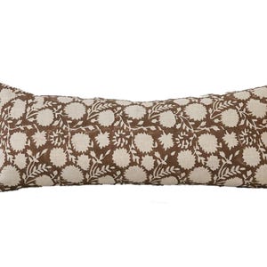 block print pillow cover, brown floral and natural linen lumbar pillow cover