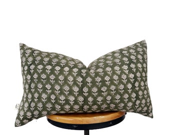 Funda de almohada de tela de lino con estampado de bloques. Funda de almohada lumbar floral verde. 12x20”14x20”14x30”14x34”(se ajusta al inserto de 14x36”)