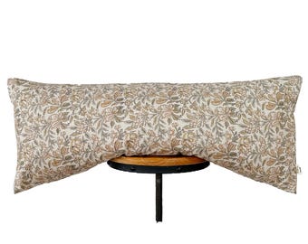 block print linen pillow, Brown/light gray/tan color floral pillow. lumbar pillow cover.14×30&quot;14×34&quot;14×46&quot;