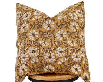 Block Print Linen Pillow Cover: Mustard Yellow & Brown Floral