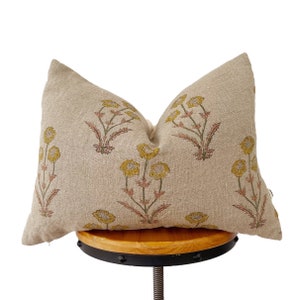 Hand block print pillow cover,green and natural floral pillow cover ,Natural linen lumbar pillow cover.12x20”14x20”14x34(fit 14x36”insert)
