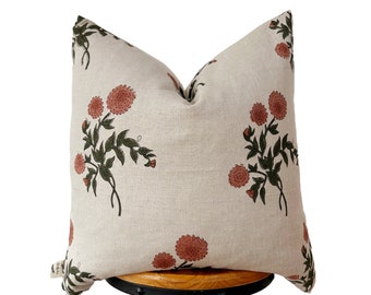 block print linen pillow, rusty / green floral pillow cover, natural linen pillow cover