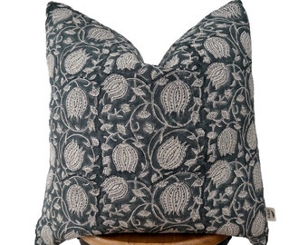 block print linen pillow, gray blue floral pillow, natural linen pillow