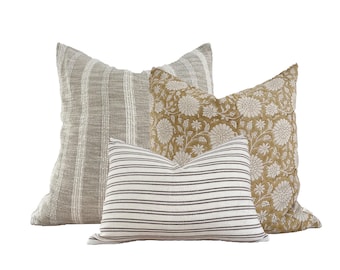 Block Print Linen Pillow Cover Set: Natural Cotton Back