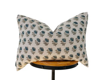 Block Print Linen Lumbar Pillow Cover: Antique Blue and gray Floral