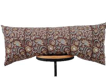 block print linen lumbar pillow cover , Burgundy color background, camel and  gray color floral design