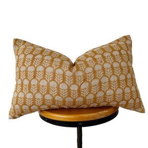 Block print linen pillow, mustard yellow floral  linen pillow cover , lumber pillow cover.