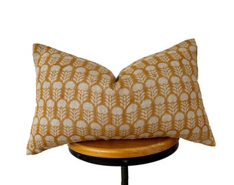 Block print linen pillow, tan floral  linen pillow cover , lumber pillow cover.