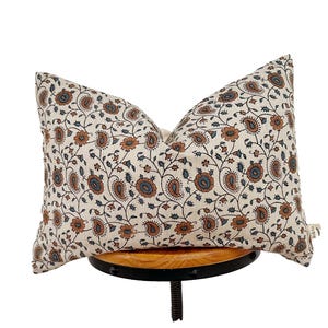 Block print pillow cover,  blue and camel floral pillow cover, lumbar pillow cover