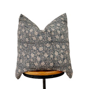 Hand block print linen pillow cover, blue floral pillow cover