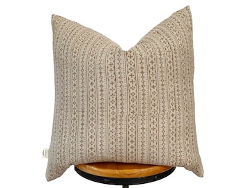 block print linen pillow, camel color/ light brown and natural linen striped pillow cover