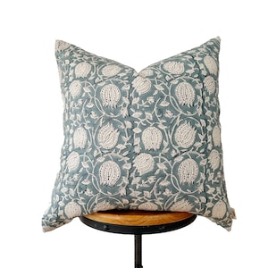 block print linen pillow cover ,  blue floral pillow cover