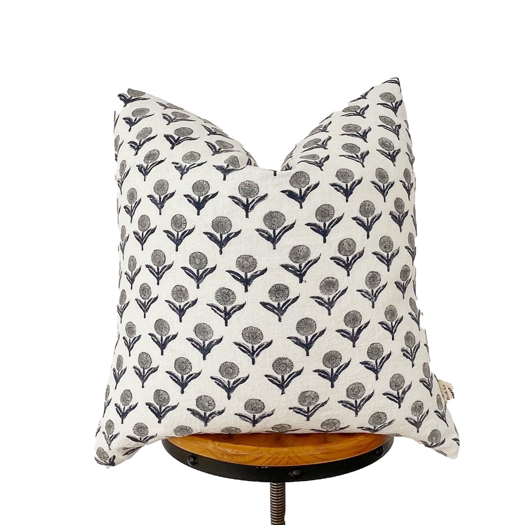 Hand Block Print Pillow Cover, Indigo Blue ,gray and White Linen Floral