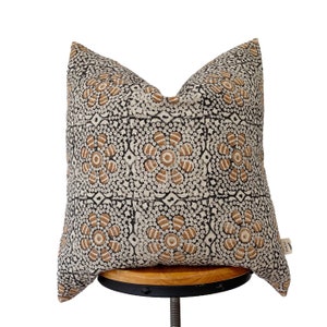 Hand Block Print Linen Pillow Cover: Black and Tan Floral