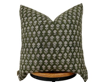 Hand Block Print Linen Pillow Cover: Green Floral