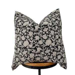 block print linen pillow, black floral natural linen pillow cover