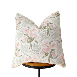 Designer fabric pillow, pink/ olive green/cream floral pillow cover