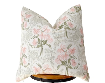 Designer fabric pillow, pink/ olive green/cream floral pillow cover
