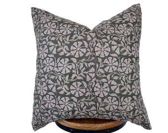 block print  linen pillow, green floral pillow cover
