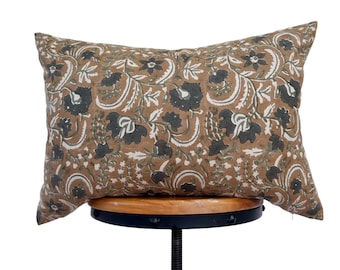NEW/ Block Print Floral linen lumbar pillow cover . camel color background , gray floral