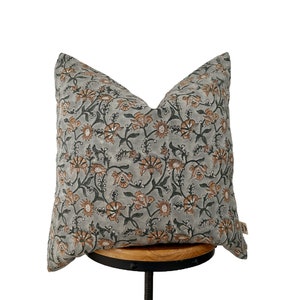block print pillow,  Leek Green and camel/tan color floral pillow cover, natural linen pillow
