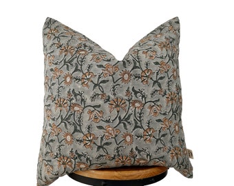 Block Print Linen Pillow Cover: gray Green Floral