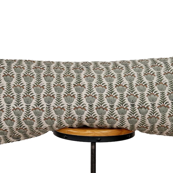 Hand Block Print Linen Lumbar Pillow Cover: Green Floral