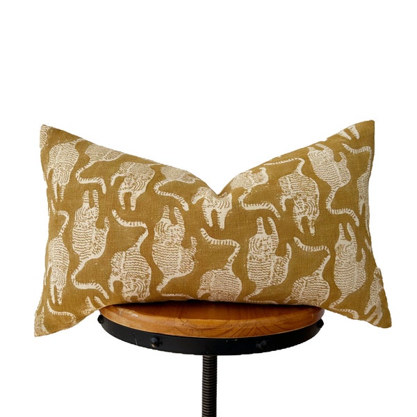 Block print linen pillow, Mustard  linen pillow cover, lumbar pillow cover 12x20”14x20”14x30”14x34”