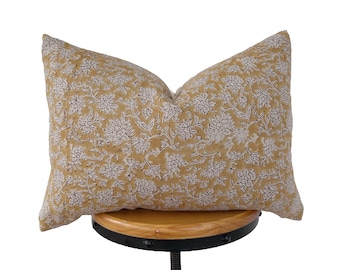 Block Print Floral Linen lumbar Pillow Cover - mustard yellow floral