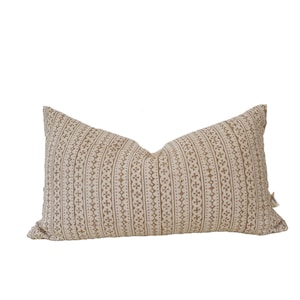 Block Print Linen Lumbar Pillow Cover: Camel Striped Design