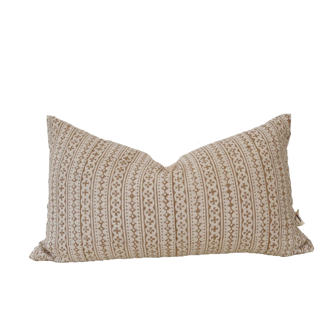 Block print linen pillow, camel color striped pillow, lumbar pillow cover natural linen.