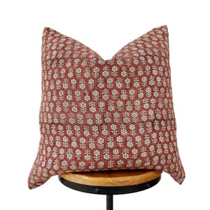 Hand block print pillow cover, Rusty red and natural floral pillow cover ,Natural linen floral pillow cover.