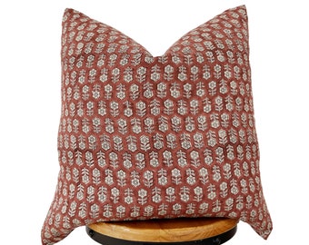 Hand block print pillow cover, Rusty red and natural floral pillow cover ,Natural linen floral pillow cover.