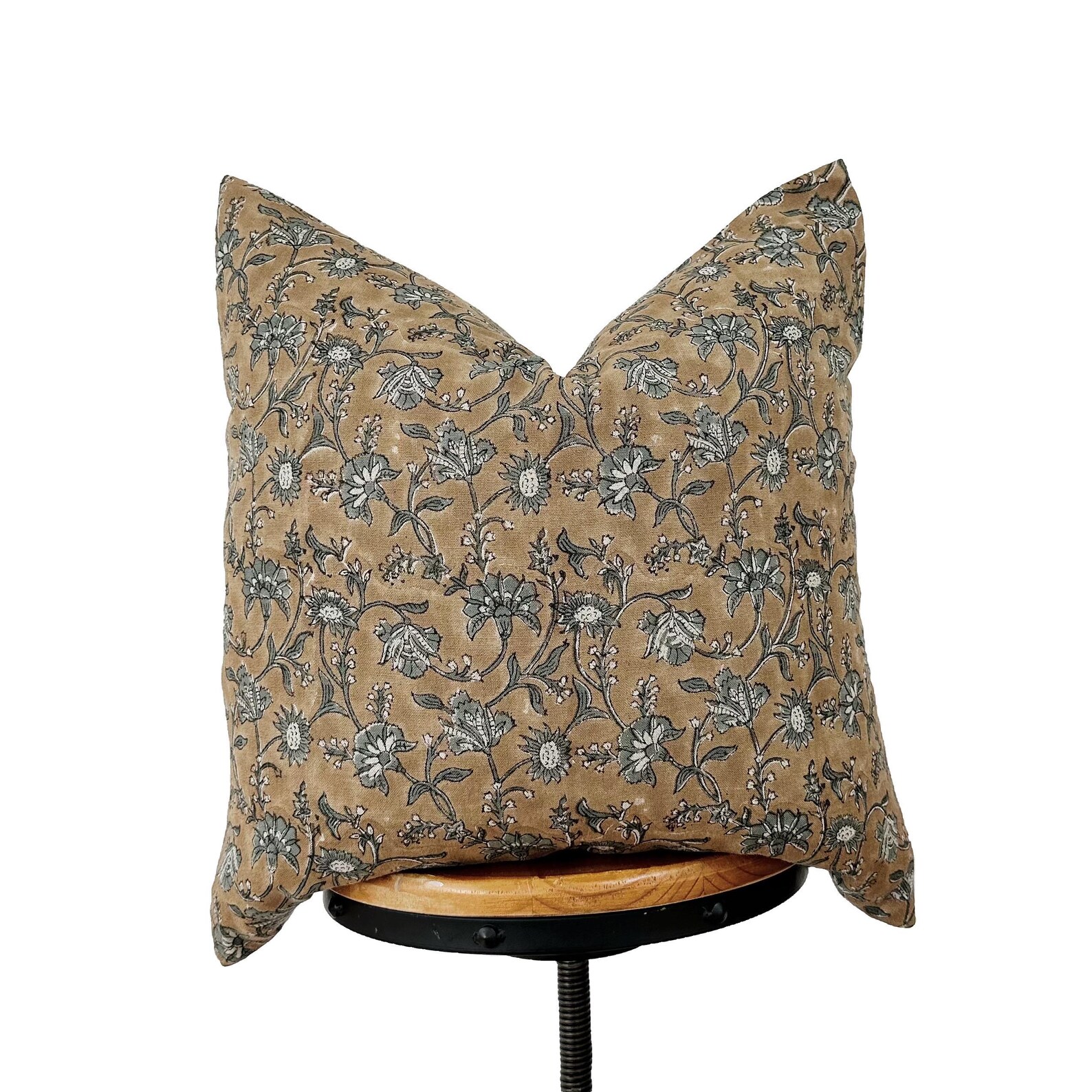 block print linen pillow cover , brown / camel color and gray floral design
