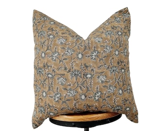 block print linen pillow cover , brown / camel color and gray floral design