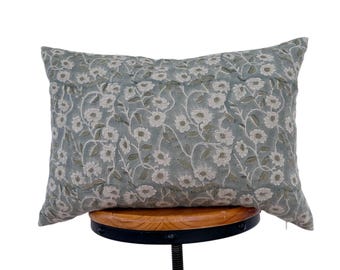 Block Print Linen Lumbar Pillow Cover: Antique Blue and gray Floral design