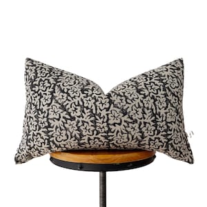 Block print  linen fabric pillow cover. Black Floral Lumbar pillow cover . 12x20”14x20”14x30”14x34”(fit 14x36” insert )